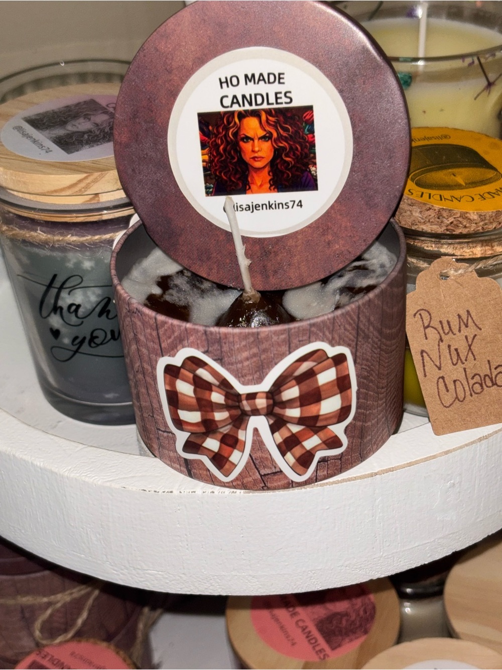 HO MADE cinnamon roll scented Candles Brown Plaid Bow Tin Candle